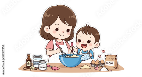 Adorable cartoon illustration of a mother and her young son happily baking together, mixing ingredients in a bowl.