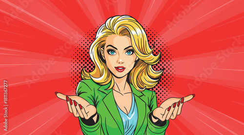 A young businesswoman in pop art style motivates. Pop art in comic book style.