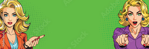 Two confident, beautiful women in pop art style. Pop art in comic book style.