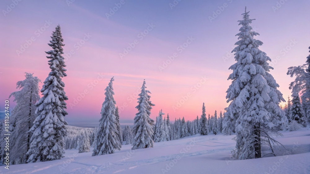 Obraz premium Snowy evergreens glow at dawn in a winter wonderland