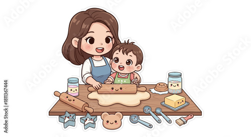 A cute cartoon illustration of a mother and her baby baking together with happy utensils on a wooden table.