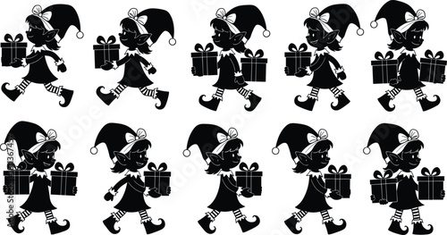 Black silhouette of female Christmas elf walking carrying gift boxes for holiday celebration vector illustration design set isolated on white.