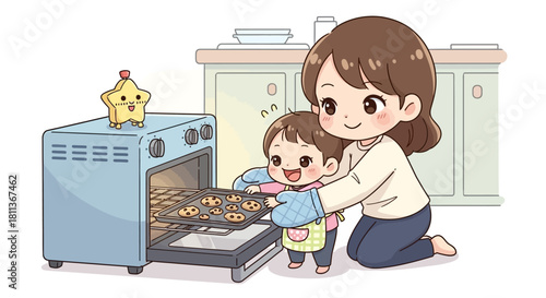 A heartwarming cartoon illustration of a mother and her child happily baking cookies together in a kitchen.