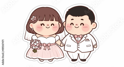 Adorable chibi illustration of a smiling bride and groom holding hands on their wedding day.