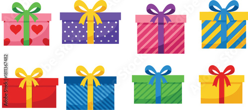 Collection of eight colorful vector gift boxes with ribbons and bows for birthday Christmas holiday celebration isolated on white background.