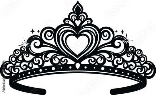 Vector silhouette of princess tiara with heart shape, black royal queen crown illustration, wedding headpiece graphic, elegant diadem symbol for beauty pageant design