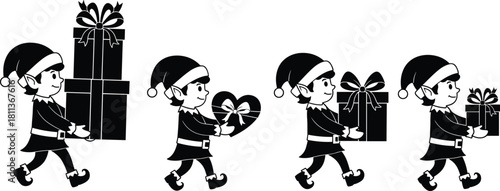 Cute Christmas elves walking in a row carrying stacks of gift boxes for holiday delivery vector illustration isolated on white.