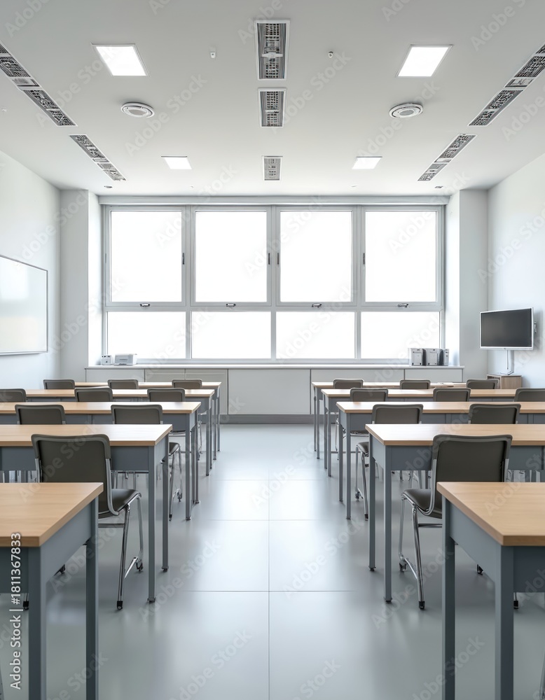 Fototapeta premium Empty modern classroom with rows of desks and chairs. Large windows let in bright light onto the clean learning space. Whiteboard on wall suggests lesson prep or teaching.