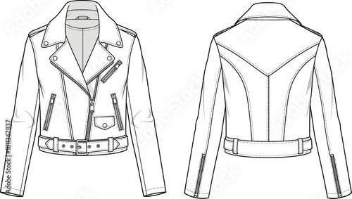Detailed vector illustration of women’s biker jacket with zippers, belt, lapels, stitching, and technical fashion flat sketch showing front and back views.