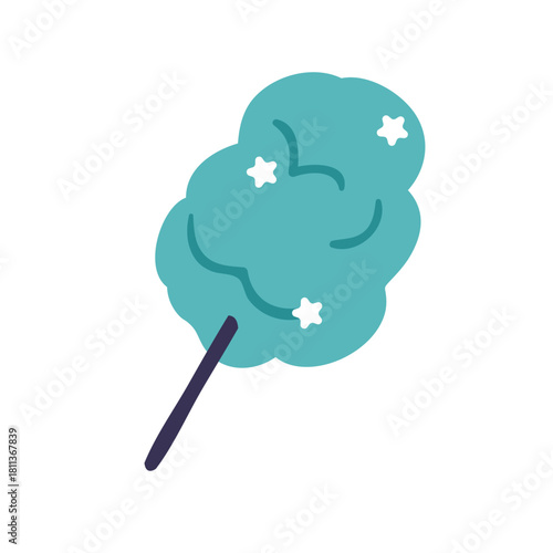 Cotton candy floss. Sweet sugar airy dessert from fair. Fluffy soft sugary snack, food, confectionery. Childrens treat decorated with stars. Flat vector illustration isolated on white background