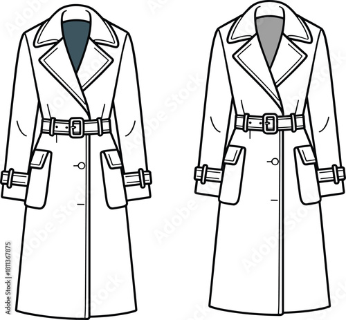 Detailed women’s trench coat fashion vector illustration featuring belted waist, large lapels, pocket details, sleeve straps, and technical flat design.