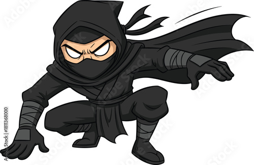 Dynamic cartoon ninja character in action pose with stealth outfit and dramatic movement, perfect for gaming graphics, comics, animations, and vector artwork.