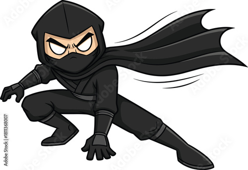 Dynamic cartoon ninja character in stealth action pose with flowing cape, perfect for gaming art, comic illustrations, animations, and vector design projects.