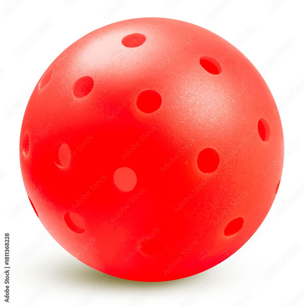 Naklejka premium A bright red pickleball wiffle ball isolated on white background, Pickleball sport equipment on White Background With clipping path.