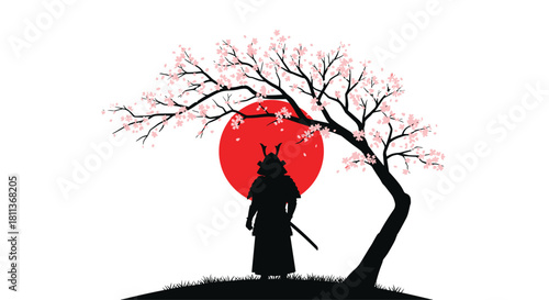 Powerful samurai warrior silhouette under blossoming cherry tree with rising sun, evoking strength, peace, and Japanese tradition, perfect for branding