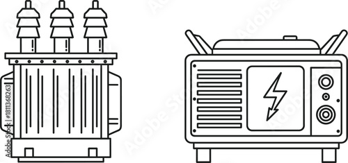 Electric transformer and portable power generator icons in line art style for industrial concepts.