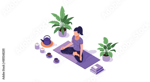 Find inner peace with a calming yoga practice at home, surrounded by lush plants, warm tea, and soothing candles for ultimate relaxation