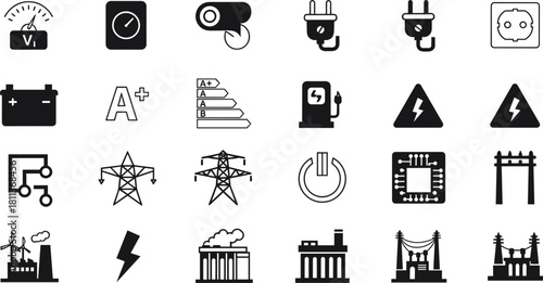 Electricity and energy industry icons with plug, battery, and power plant in outline and solid vector styles.