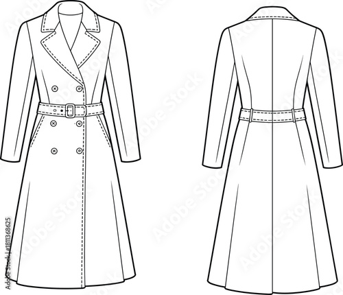 Elegant double-breasted trench coat technical flat illustration showing detailed front and back views with belt, lapels, stitching, and tailored outerwear design.