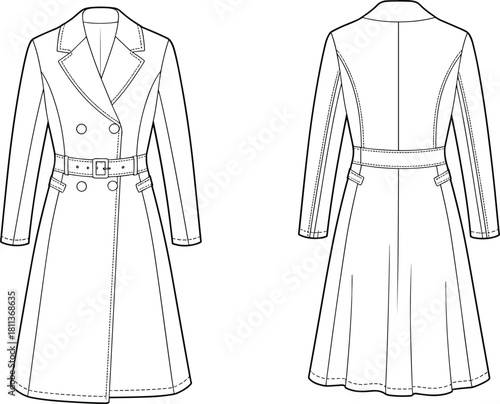 Elegant double-breasted trench coat technical flat illustration showing detailed front and back views with belt, lapels, stitching, and tailored silhouette design.