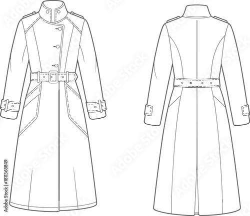 Elegant long trench coat fashion technical flat sketch showcasing detailed front and back views with buttons, belt, stitching, and structured design elements.