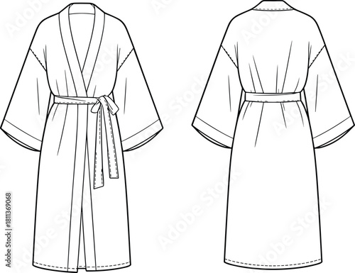 Elegant women’s kimono robe fashion flat sketch with wide sleeves, waist tie belt, clean silhouette, and detailed front–back technical illustration.