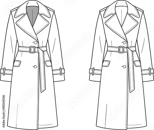 Elegant women’s trench coat vector illustration featuring belted waist, wide lapels, pocket details, sleeve straps, and clean technical fashion design.