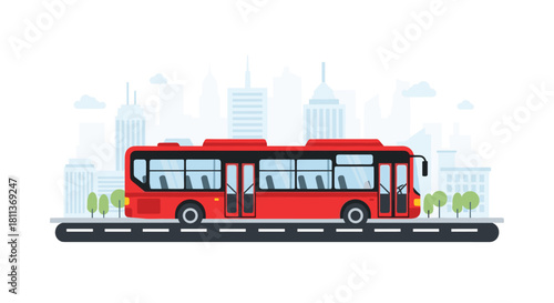 Vibrant red bus cruising through the city, a modern transportation solution for urban commuters, perfect for travel and city life visuals