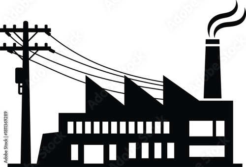 Factory silhouette with smoking chimney and electric utility pole with transformer for industrial power concepts.