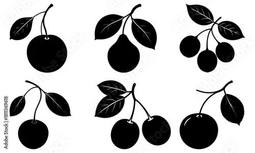 Black silhouettes of plums hanging from branches with leaves on a white isolated background design art