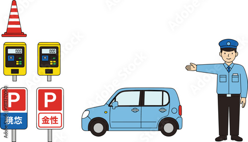 Japanese parking lot set with security guard guiding car, meters, and signs in flat vector style.
