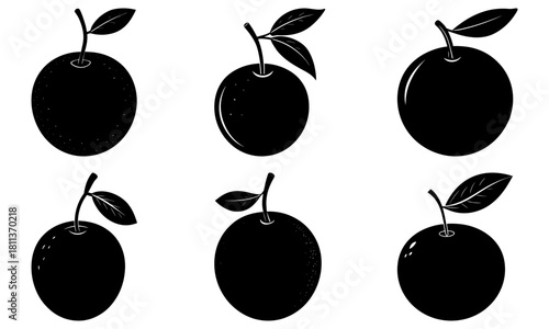 Six black plum fruit illustrations with leaves in varied arrangements on a white background design art