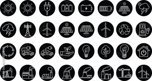 Renewable energy and industrial power icon set with solar, wind, and factory symbols in black circles.