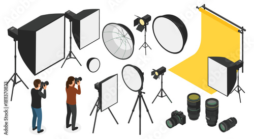 Isometric studio photography setup with lights, backdrop, cameras, and photographers for professional results in modern creative projects