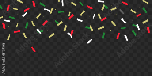 Red and green confetti falling on a transparent background. Christmas festive background with gold glitter.