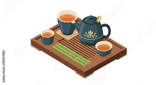 Traditional tea set with teapot and teacups on wooden tray, a moment of calm and zen, perfect for wellness branding and lifestyle content