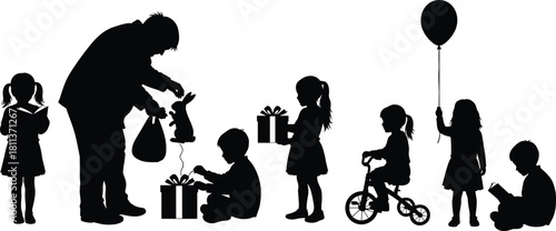 Set of playing children silhouettes with man showing rabbit magic trick and kids reading books vector illustration isolated on white.