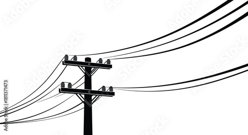 Silhouette of electric utility pole with double crossarms and power lines for energy distribution concepts.