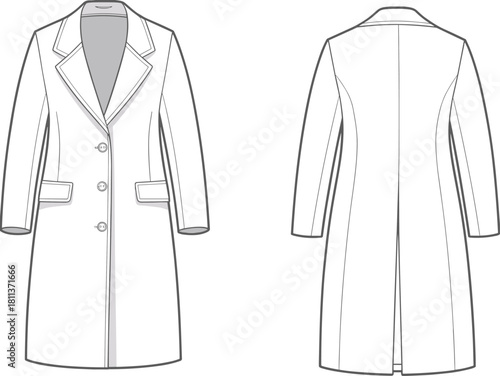 Tailored long coat fashion flat sketch with notched lapel, button closure, welt pockets, detailed vector technical illustration showing front and back design.