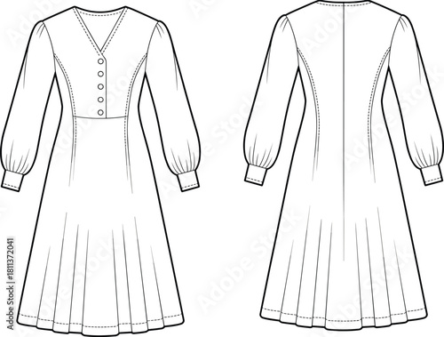 Technical flat fashion sketch of long-sleeve V-neck button dress with fitted bodice, panel details, flared skirt, front and back views illustration