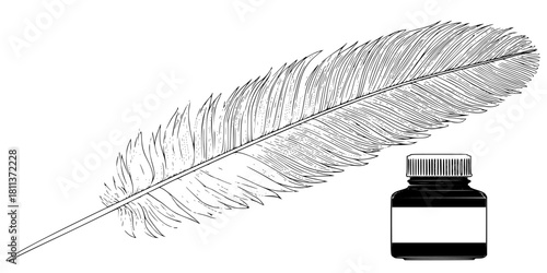 Elegant Inkwell Feather Quill, Vintage Calligraphy Tool | Clean, isolated vector art for creative projects.