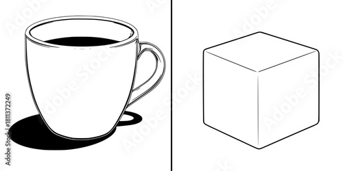 minimalist black white illustration coffee cup ice cube saucer | Clean, isolated vector art for creative projects.