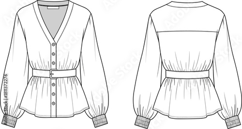 Vector fashion flat illustration of women’s belted blouse with V-neck, button front, gathered waist, puff sleeves, and technical garment sketch front and back.
