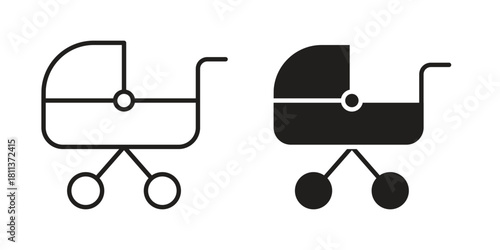 Baby carriage icons of black colored in various styles