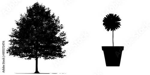 Black White Silhouette Tree Flower Pot | Clean, isolated vector art for creative projects.