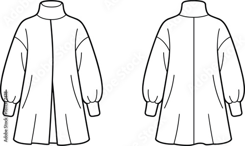 Vector fashion flat sketch of women’s high-neck A-line coat with balloon sleeves, wide cuffs, minimal outerwear design technical illustration template.