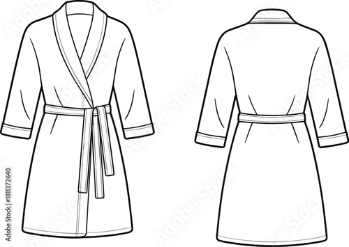 Vector fashion flat sketch of women’s kimono-style bathrobe with belt, cuffed sleeves, shawl collar, front and back technical views.