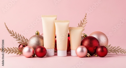 Cosmetic tubes with christmas ornaments on pink background for seasonal promotion