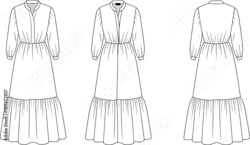 Vector fashion flat sketch of women’s long tiered dress with gathered skirt, cuffed sleeves, V-neck collar, front and back technical views.