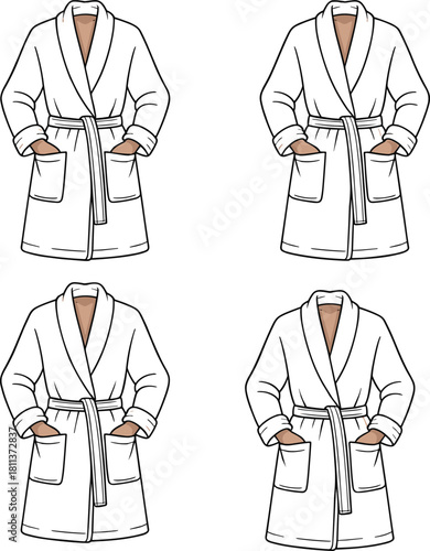 Vector fashion flat sketch set of cozy belted bathrobes with pockets and shawl collars showing multiple front design variations for loungewear.